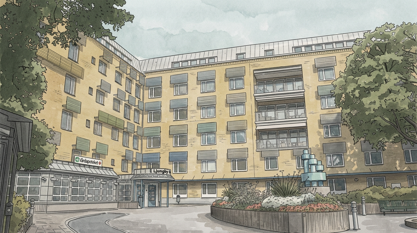 Illustration av Lasarettet Ljungby — huvudentrén